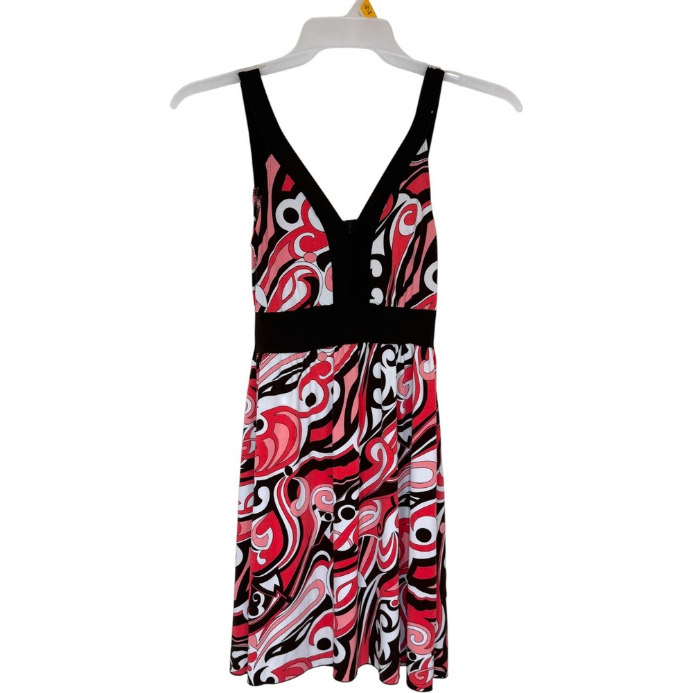 Womens Sleeveless‎ V Neck Black Waistband Summer Dress Abstract Print  Size M